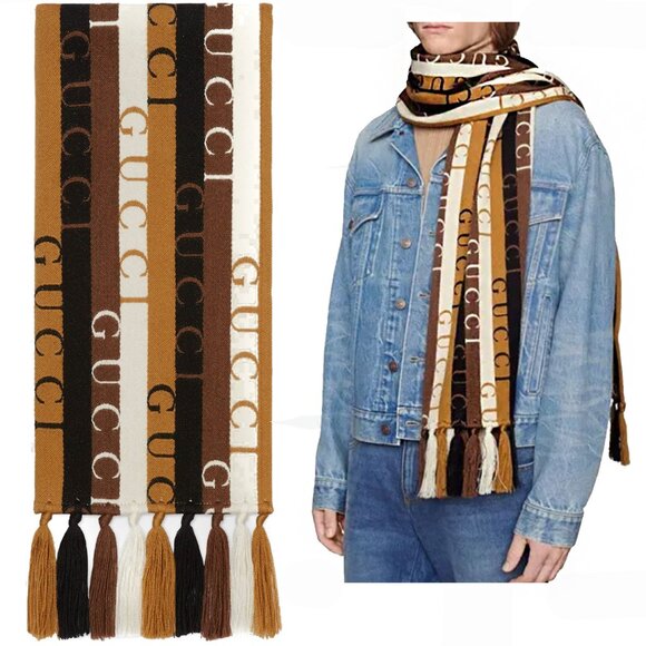 GUCCI SCARF 634166 LOGO STRIPED WOOL COTTON w FRINGE UNISEX 14.5" x 71" - Picture 1 of 16